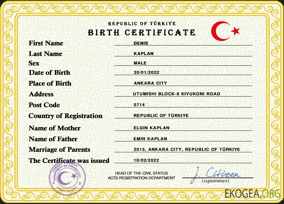 Modèle PSD de certificat de naissance en Turquie